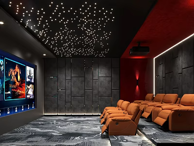 Luxury Home Theater With Starry Ceiling Large Screen And Brown Recliners 3d model