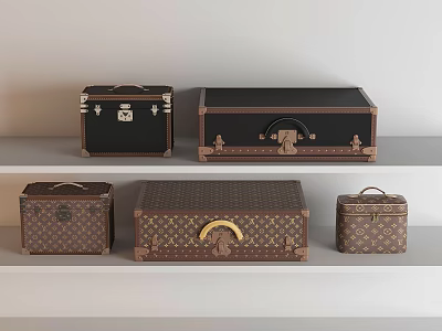 Vintage Luggage Boxes Black Brown With Metal Locks Handles And Trims On White Shelves 3d model