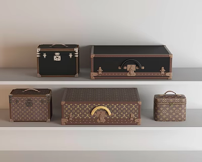Vintage Luggage Boxes Black Brown With Metal Locks Handles And Trims On White Shelves 3d model