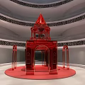 Fashion Runway Stage Featuring Red Tower Like Structure And Multi Tiered Seats 3d model