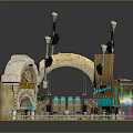 Ornate Interior Scene With Arched Structures Chandeliers Circular Fountain And Colorful Glass Elements
