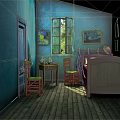 Blue Room Interior With Wooden Bed Table Chairs Window Wall Paintings And Wooden Floor