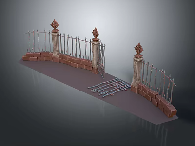 Ornate Iron Fence Structure With Stone Pillars Arched Design And Decorative Finials 3d model