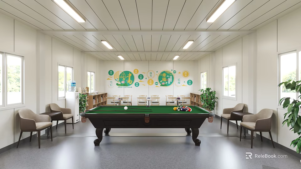 Modern Recreation Room Interior With Billiard Table Chairs Windows Ceiling Lights And Wall Decorations 3d model
