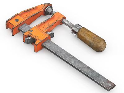 Orange Heavy Duty Hardware Clamp With Wooden Handle And Metal Bar 3d model