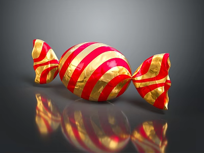 Red and White Striped Candy Wrapped in Gold Foil with Shiny Reflection on Black Surface 3d model