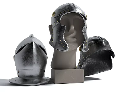Medieval Metal Helmets And Armor Pieces On Display Stand With Riveted Design 3d model
