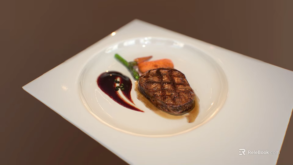 Grilled Steak Plated with Green Vegetables Carrots and Red Sauce on White Square Plate 3d model 