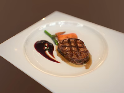Grilled Steak Plated with Green Vegetables Carrots and Red Sauce on White Square Plate 3d model