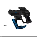Futuristic Pistol With Metallic Silver Frame Blue Glowing Accents And Detachable Component