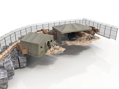 Modern Military Camp Scene With Twin Tents Barbed Wire Fence And Stone Blocks 3d model