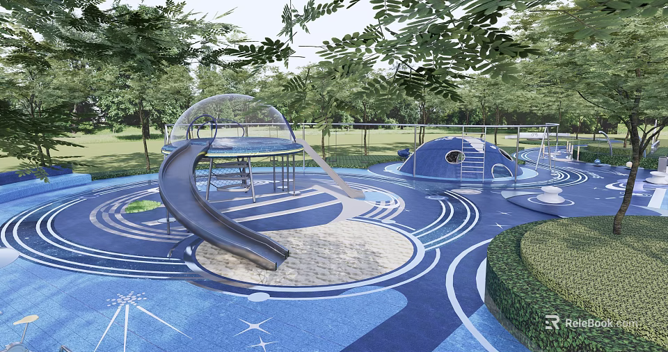 Fun Outdoor Kids Play Area With Slide Sandpit Dome Climbing Structure and Blue Patterned Flooring 3d model 