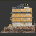Cartoon Scene Of A Multi Story Yellow Building With Blue Roof Green Grass And Flags