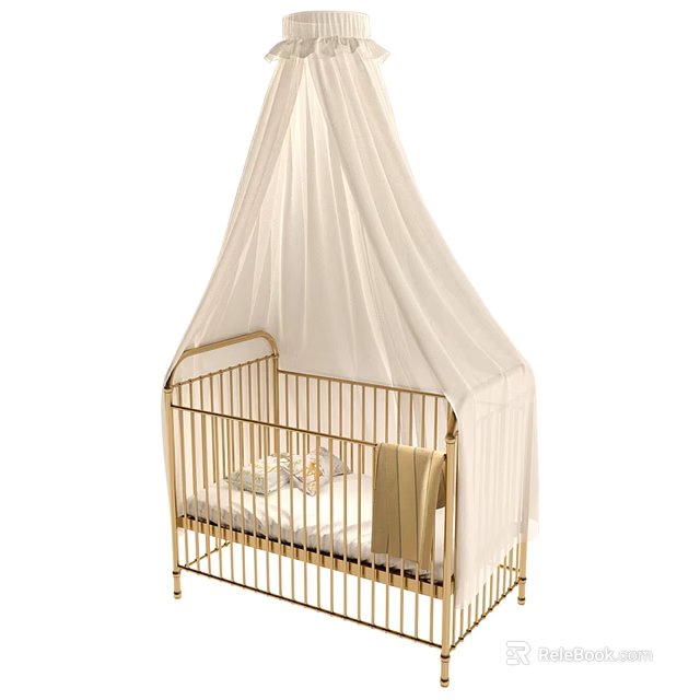Baby Bed with Gold Frame and White Canopy Soft Mattress and Cozy Blanket 3d model 