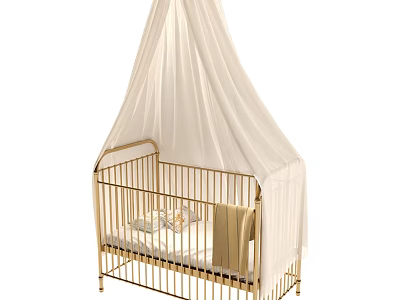 Baby Bed with Gold Frame and White Canopy Soft Mattress and Cozy Blanket 3d model