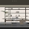 Modern Study Room Interior With Open Bookshelves Writing Desk Wooden Bench And Potted Plant