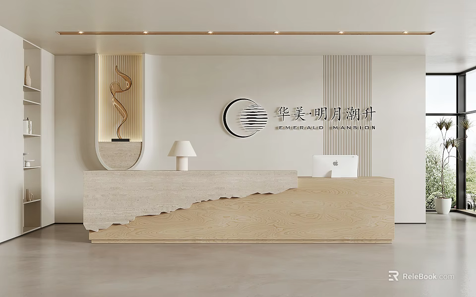Modern Reception Desk Interior With Natural Stone Counter And Minimalist Decor Elements 3d model