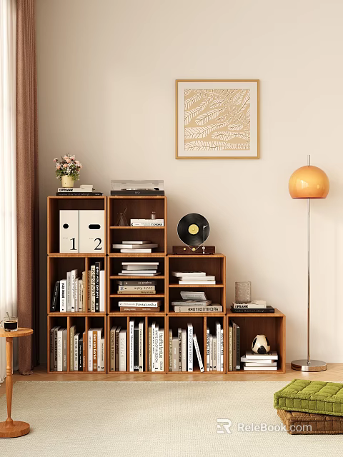 Wooden Bookshelf With Books File Folders Decorative Vase And Floor Lamp Near Wall Art 3d model 