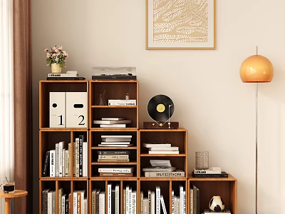 Wooden Bookshelf With Books File Folders Decorative Vase And Floor Lamp Near Wall Art 3d model