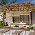 Japanese Pergola with Thatched Roof Bamboo Curtains Bamboo Plants White Walls Pebble Ground and Bench