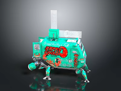 Turquoise Sci Fi Mechanical Robot With Hello World Graffiti And Legs 3d model