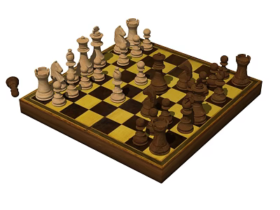 Chess Board Game With Black And Yellow Checkered Board And Wooden Pieces Including Fallen Piece 3d model
