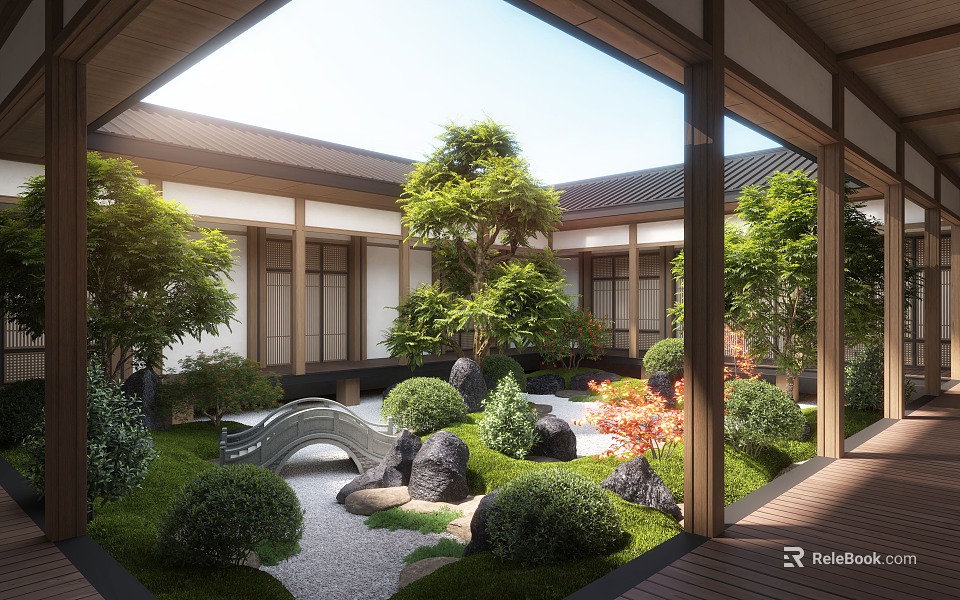 Japanese Style Courtyard Garden With Wooden Framework Green Trees Shrubs Stones And Gravel Path 3d model 