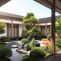 Japanese Style Courtyard Garden With Wooden Framework Green Trees Shrubs Stones And Gravel Path