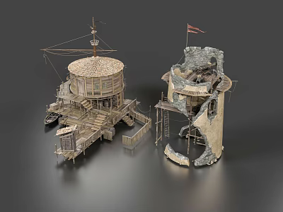 Wooden And Ruined Stone Towers With Circular Top Platform And Flag 3d model