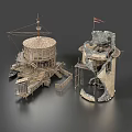 Wooden And Ruined Stone Towers With Circular Top Platform And Flag