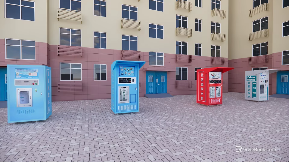 Colorful Garden Decorative Kiosks In Front Of Multi story Building Plaza Area 3d model 