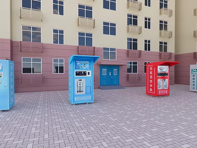 Colorful Garden Decorative Kiosks In Front Of Multi story Building Plaza Area 3d model