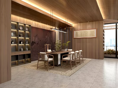 Traditional Chinese Tea House Interior With Wooden Shelves Tables And Hanging Lights 3d model