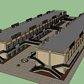 Modern Commercial Street Building With Multi Level Structure Staircase Storefronts And Central Fountain