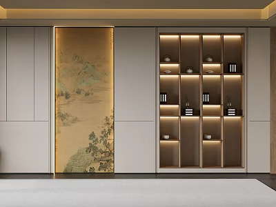 Elegant Modern Bookshelf Interior Design With Open Shelves Built-in Lighting And Landscape Painting 3d model