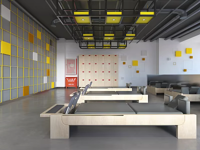 Modern Workout Gym Interior With Yellow Gray Grid Walls Locker Storage And Rest Benches 3d model