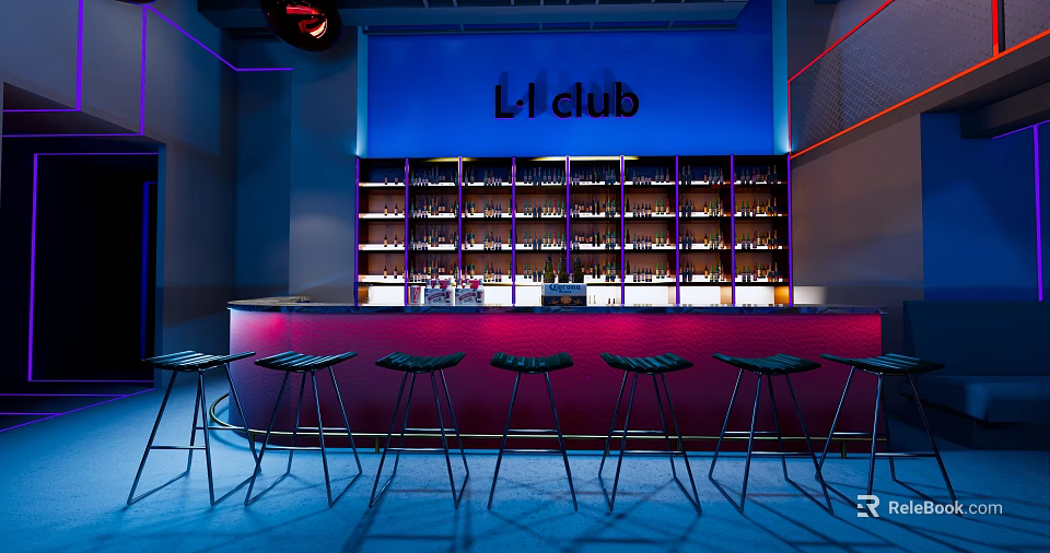 L'1 Club Bar Interior With Blue Neon Background And Bottle Shelves Bar Counter Black Stools 3d model 