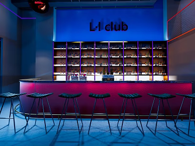 L'1 Club Bar Interior With Blue Neon Background And Bottle Shelves Bar Counter Black Stools 3d model