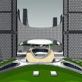 Modern Office Buildings With Two Tall Structures Connected By Bridge Front Green Lawn White Seats
