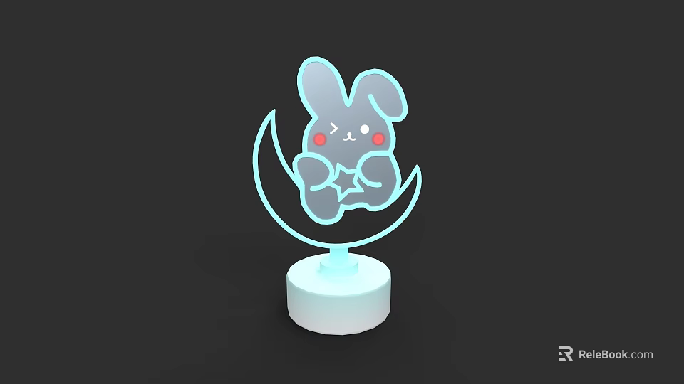 Rabbit Shaped Table Lamp with Moon Design Blush Accents Neon Light and White Base 3d model 