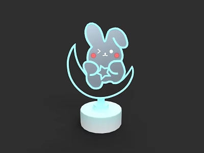 Rabbit Shaped Table Lamp with Moon Design Blush Accents Neon Light and White Base 3d model