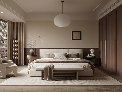 Modern Elegant Bedroom Interior Design With Beige Bed White Round Pendant Light And Wooden Wardrobe 3d model