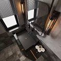 Modern Industrial Bathroom Interior With Black Sink Mirror And Vintage Lamps