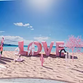 Beach Scene with LOVE Letters Colorful Surfboards Pink Tree Heart Decor and Sunny Blue Sky