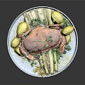 Steamed Crab Served On White Plate With Potatoes Asparagus And Fresh Herbs