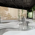 Traditional Chinese Interior Space With Golden Lattice Bamboo Water Pool Stepped Platforms And Ink Art
