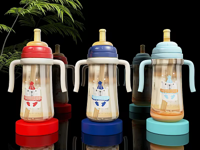 Colorful Baby Bottles With Handles Sippy Straws Cartoon Designs And Green Plant 3d model