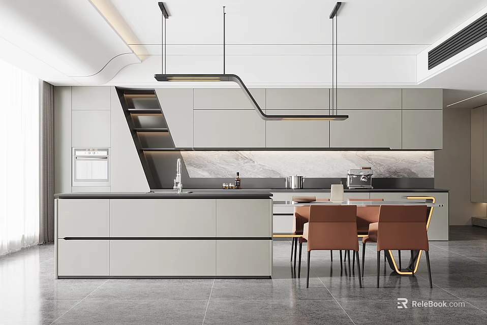 Modern Open Kitchen Interior With Island Counter Cabinets Pendant Lights And Dining Chairs 3d model 