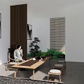 Modern Tea Room Interior With Chinese Ink Paintings Green Plants And Stone Pathway