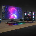 Gaming PC Setup With RGB Lighting Transparent Case Backlit Keyboard Monitor Speakers And Mouse Pad